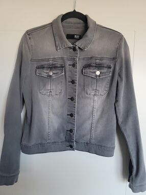 KUT Amelia Denim Jacket M Gray Black Distressed Stretch